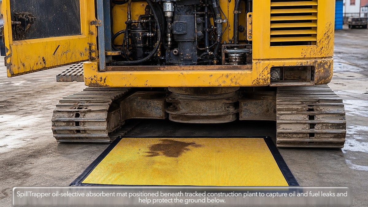 SpillTrapper oil-selective absorbent mat positioned beneath tracked construction plant to capture oil and fuel leaks and help protect the ground below