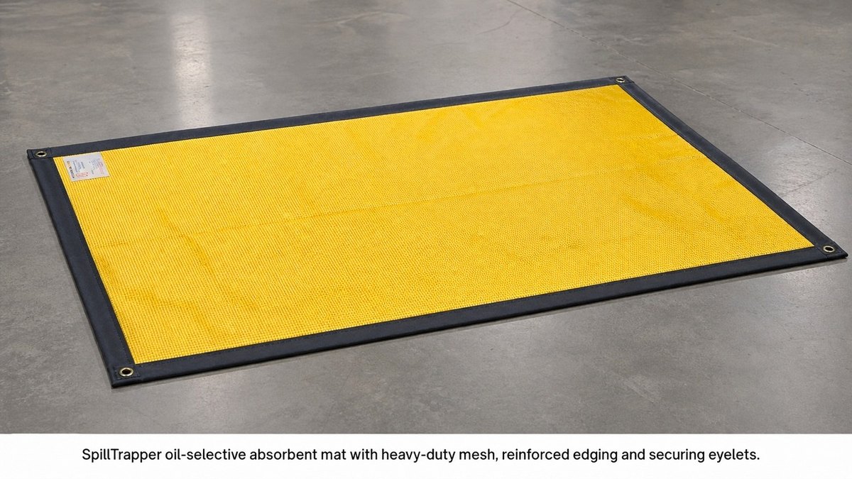 SpillTrapper oil-selective absorbent mat with heavy-duty mesh, reinforced edging and securing eyelets
